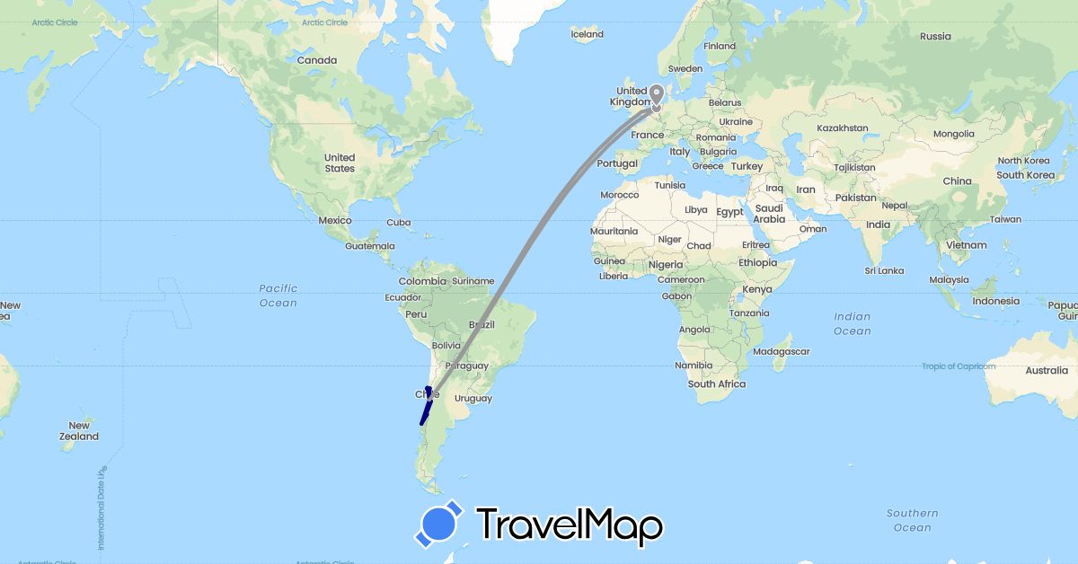 TravelMap itinerary: driving, plane, hiking in Chile, United Kingdom, Netherlands (Europe, South America)
